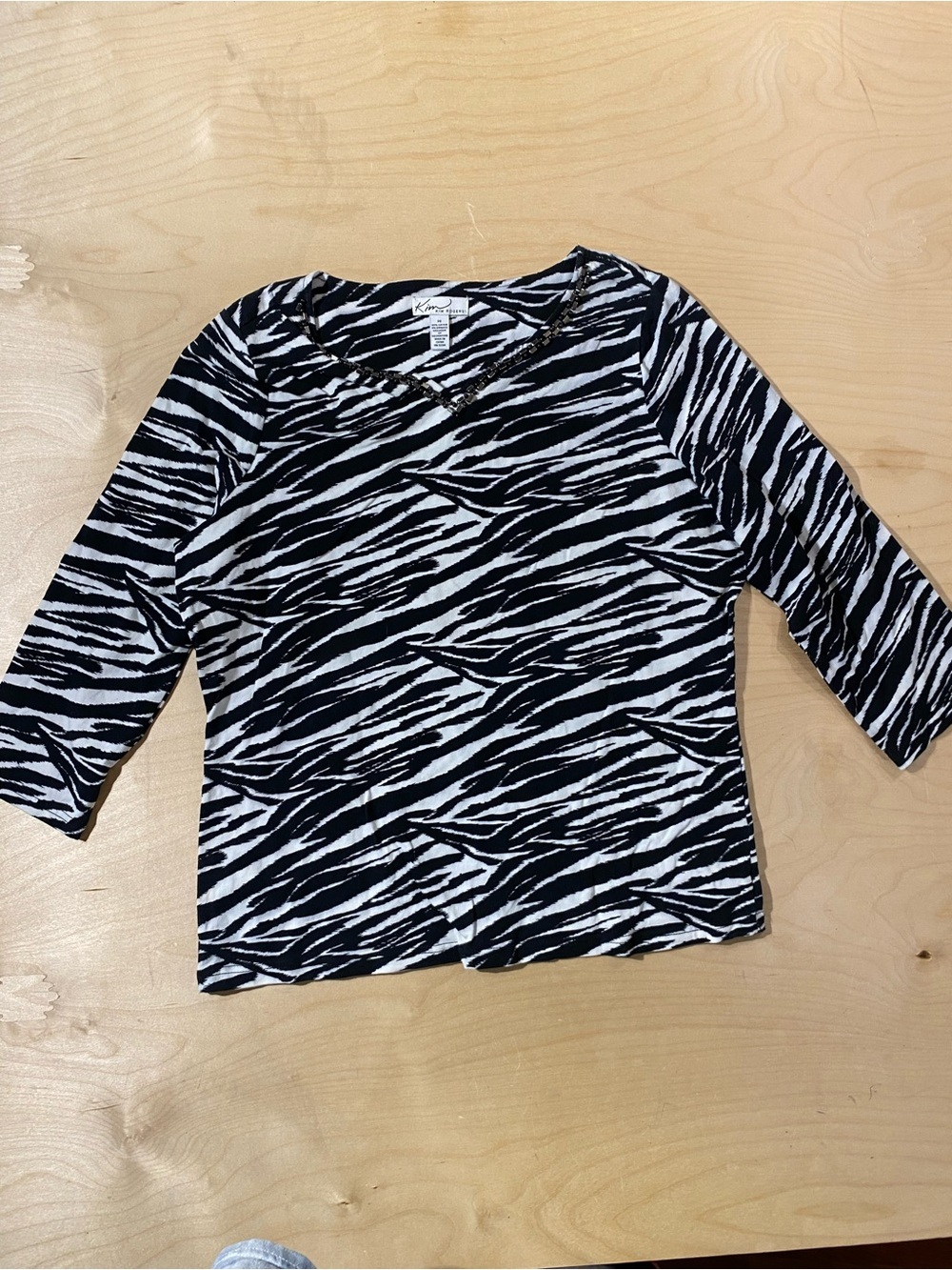 Kim Rogers Black & White Zebra Print 3/4 Sleeve Top Medium (SA)